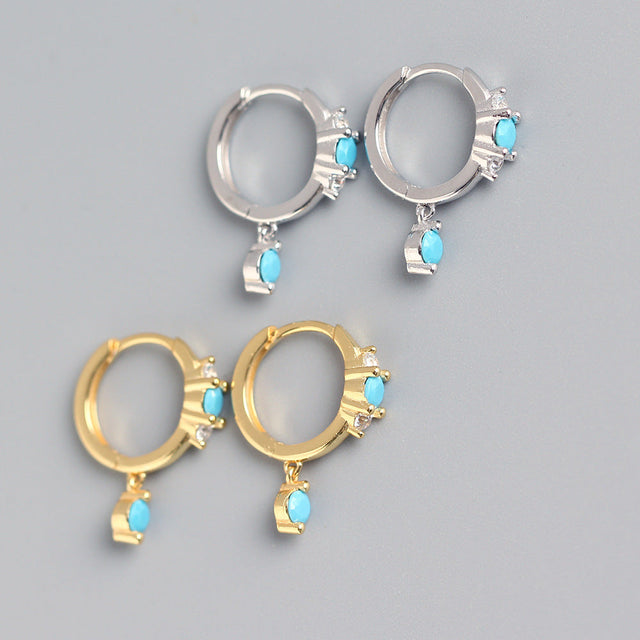 Bohemian 925 Sterling Silver Geometric Round Turquoise Cubic Zirconia Hoop Earrings for Women