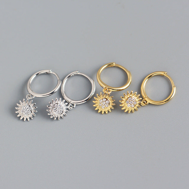 925 Sterling Silver Floral Sunflower Rhinestone Inlay Hoop Earrings