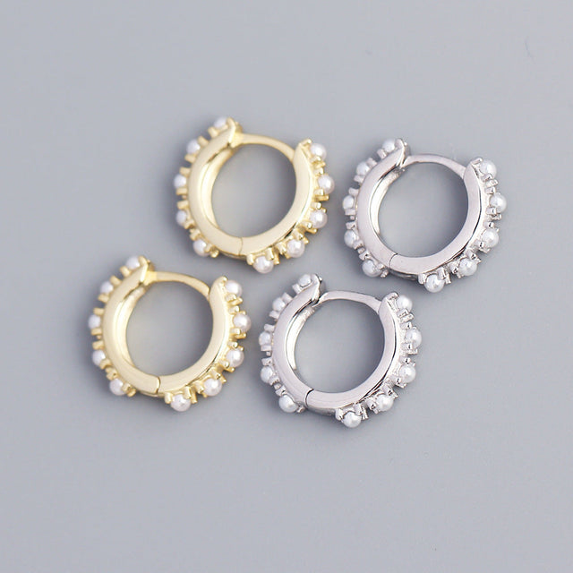 Elegant 925 Sterling Silver Geometric Round Inlaid Pearl Hoop Earrings for Women