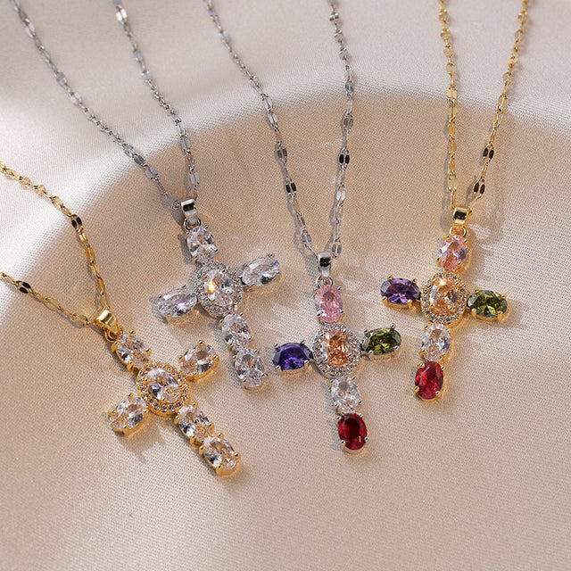 Vintage Sweet Cross Cubic Zirconia Inlay Titanium Steel Necklace for Women