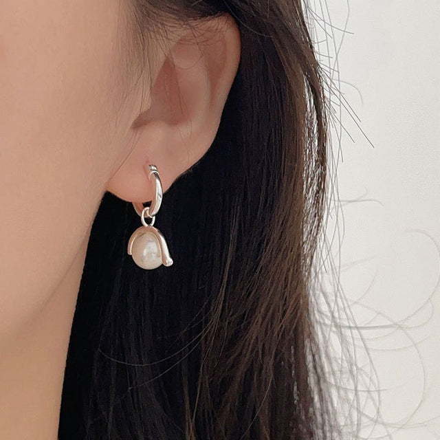 Elegant Business 925 Sterling Silver Gold Plated Teardrop Round Pearl Inlay Earrings Geometric Design