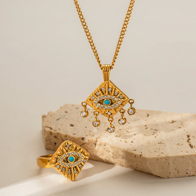 INS Style Geometric Evil Eye Square Pendant Ring in Stainless Steel with 18K Gold Plating and Zircon Inlay