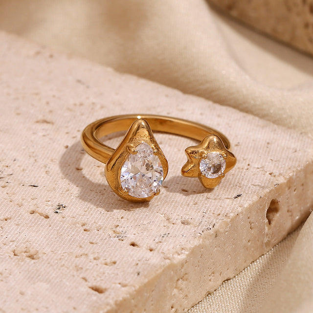 Asymmetrical Waterdrop Star Zircon Ring in Stainless Steel with 18K Gold Plating for Women