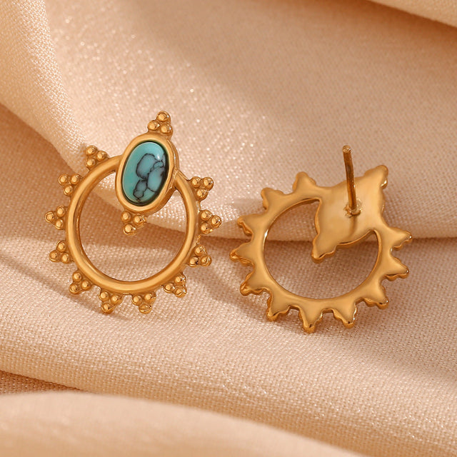 Bohemian Vintage Style Geometric Oval Turquoise Stud Earrings for Women in Titanium Steel with 18K Gold Plating