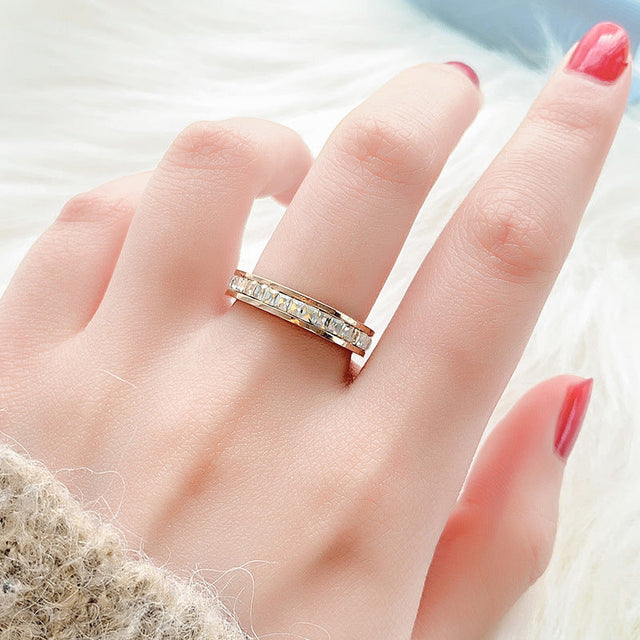 Minimalist Square Titanium Steel Ring with Full Rhinestone Inlay for Women and Men Unisex Fashion Band