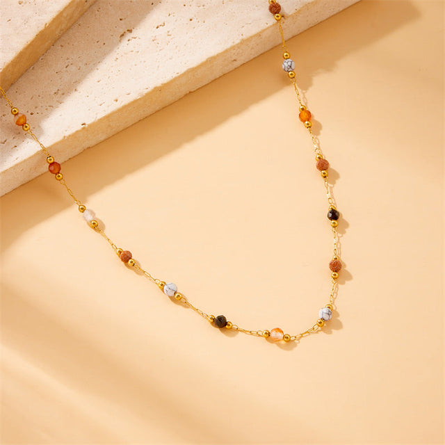 Bohemian Fashion Plated Stainless Steel Stone Beaded Box Chain Bracelet Necklace Anklet Set