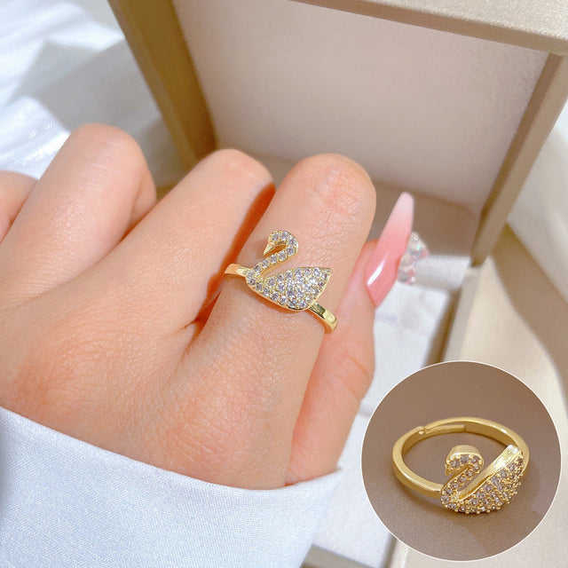 Adjustable Swan Wedding Ring for Women with Full Rhinestone Inlay, Minimalist Japanese Style Band Ring