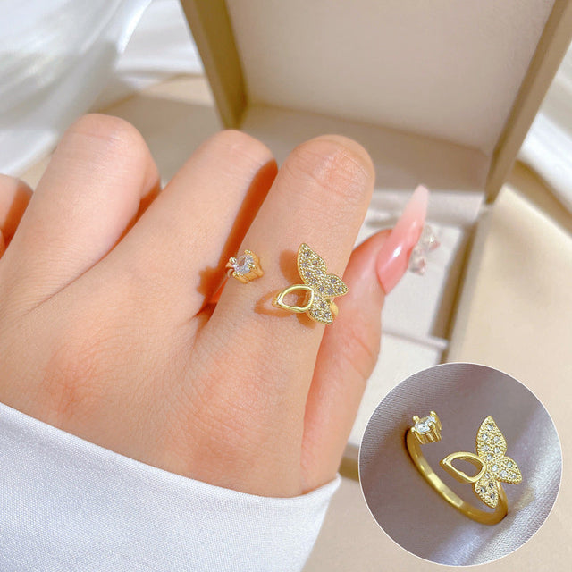Cartoon Style Butterfly-Shaped Hollow Gold-Plated Brass Adjustable Ring for Women with Minimalist and Fresh Sweet Design