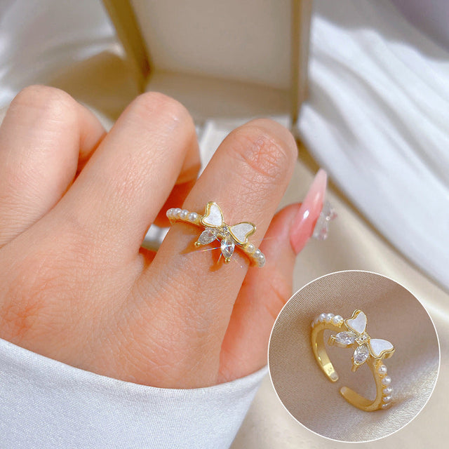 Cartoon Style Butterfly-Shaped Enamel Zircon Ring in Brass with Plated Finish Adjustable for Women