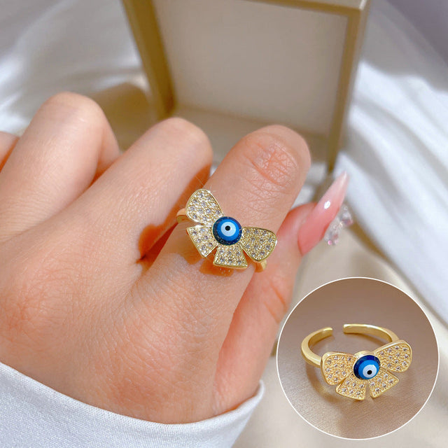 Cartoon Style Butterfly Eye Zircon Ring in Brass with Electroplating Finish Adjustable Band Minimalist Japanese-Inspired Women's Ring