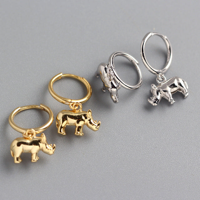 925 Sterling Silver Polished Animal Rhinoceros Hoop Earrings for Women