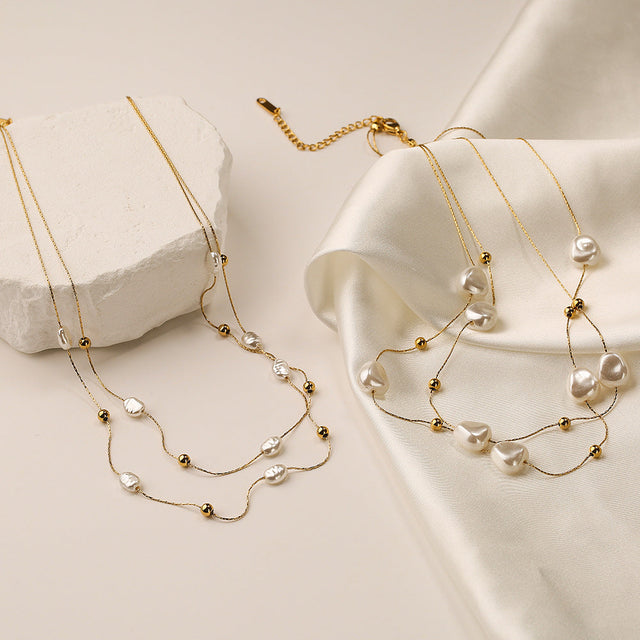 Minimalist Baroque Pearl Layered Necklace for Women with Titanium Steel Chain and Geometric Pendant