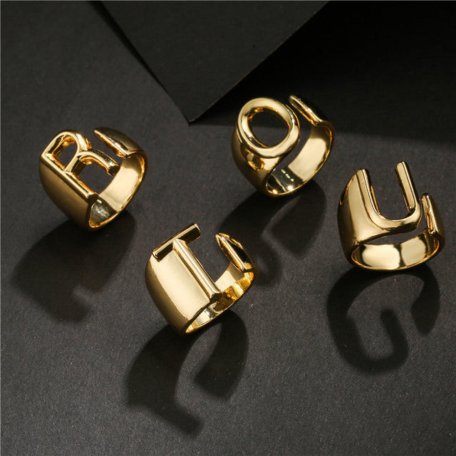 Copper Plated 18K Gold Letter Ring for Women, Adjustable Open Ring, Minimalist Fashion Casual Style, English Letter Design, Trendy Jewelry