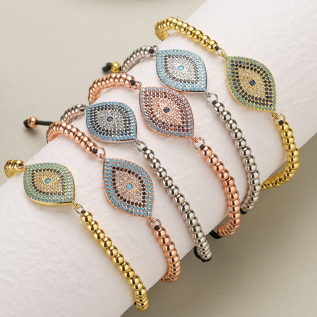 Minimalist Geometric Evil Eye Bracelet for Women in Copper with 18K Gold Plating and Zircon Inlay