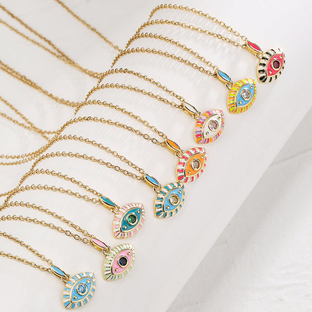 Bohemian Style Evil Eye Pendant Necklace for Women with Copper Base and Enamel Finish in Geometric Shape
