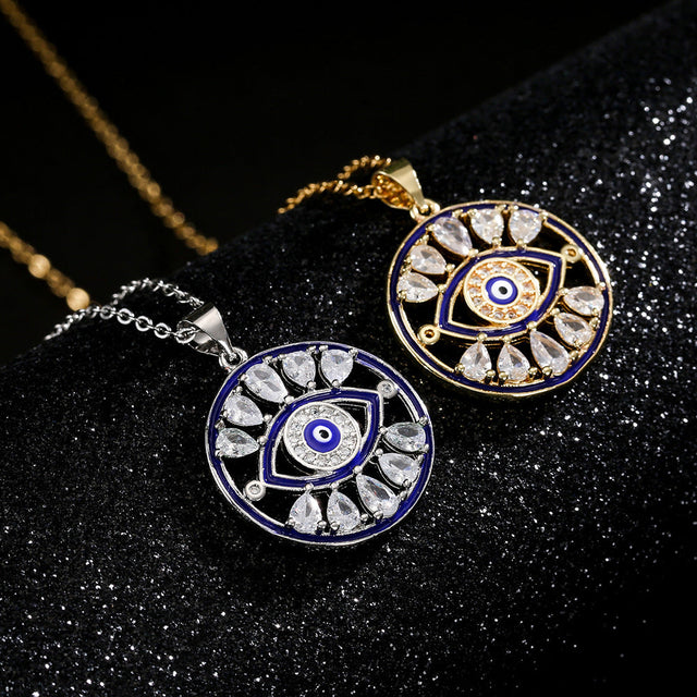Fashion Minimalist Hollow-Out Evil Eye Pendant Necklace for Women in Copper with Real Gold Plating and Zircon Inlay