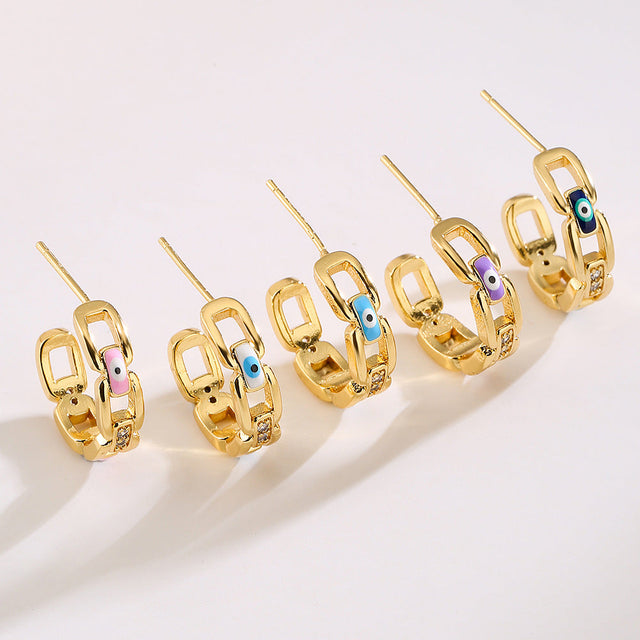 Geometric Eye-Shaped Copper Earrings with Real Gold Plating and Enamel Finish for Women