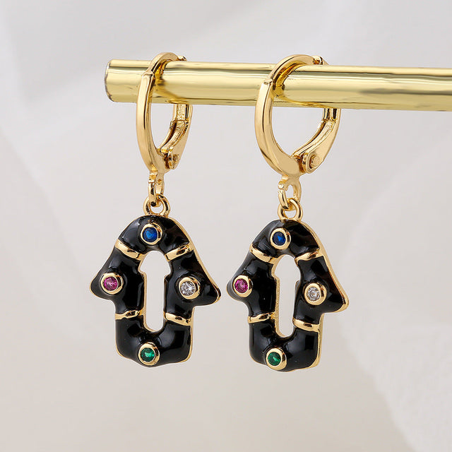 Bohemian Geometric Earrings for Women with Copper Base Plated in 18K Gold and Enamel-Set Zirconia