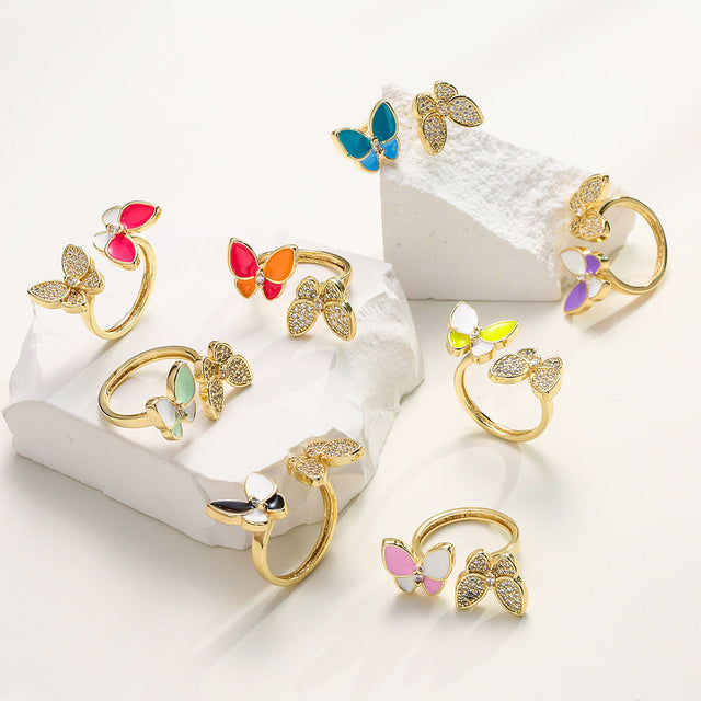 Butterfly-Shaped Minimalist Copper Ring with 18K Gold Plating and Micro-Pave Zirconia Accents for Women
