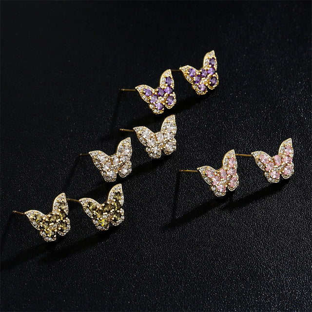 Butterfly-Shaped Copper Earrings with 18K Gold Plating and AAA Zirconia, Minimalist Modern Style Fashion Studs for Women