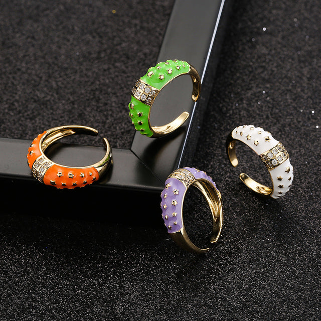 Bohemian Style Geometric Open Ring in Copper with 18K Gold Plating and Colored Enamel Zirconia