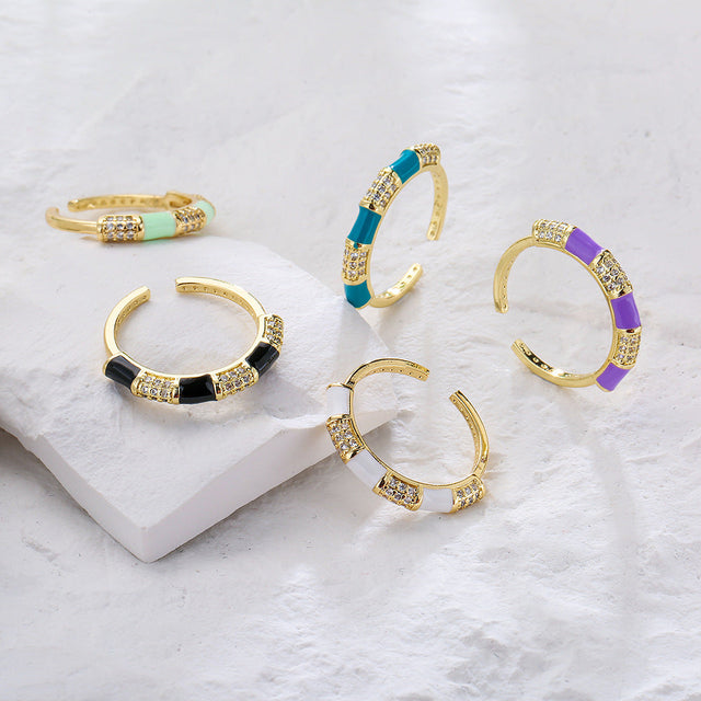 Bohemian Style Geometric Open Ring for Women Made of Copper with 18K Gold Plating and Enamel Finish