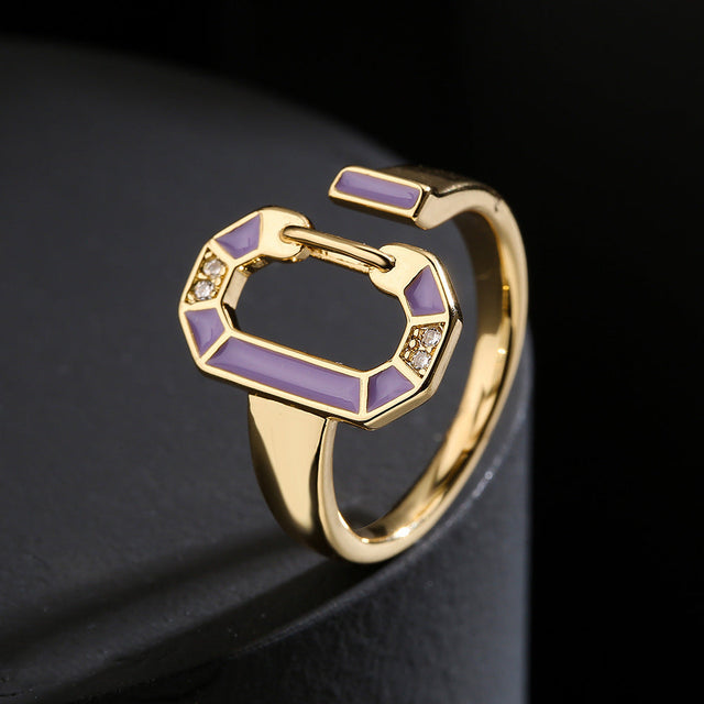 Bohemian Style Geometric Copper Ring with 18K Gold Plating and Enamel Finish for Women