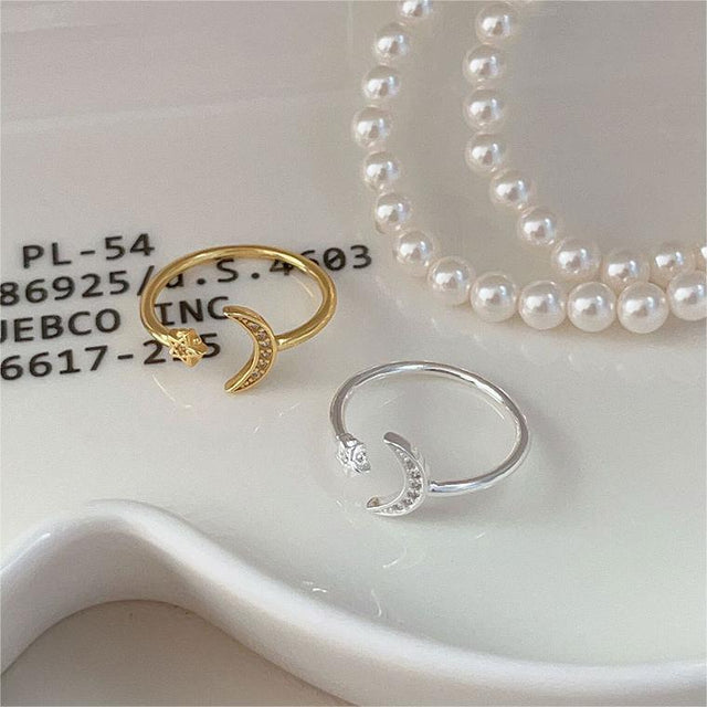 925 Sterling Silver Star Moon Micro-set Cubic Zirconia Ring for Women