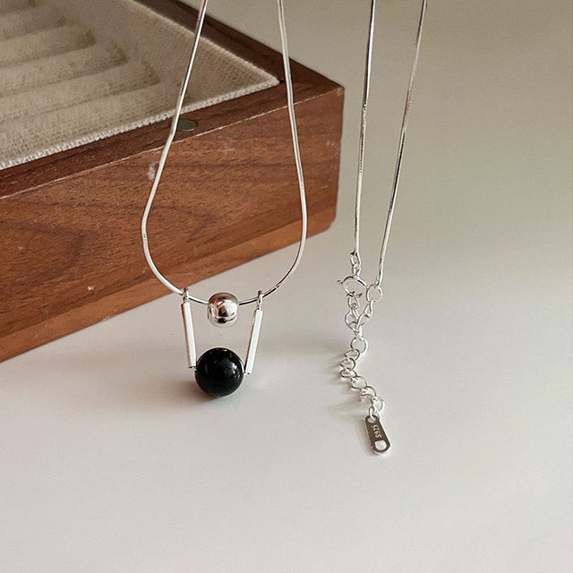 925 Sterling Silver Geometric Black Onyx Pendant Necklace Minimalist Sweet Women's Jewelry