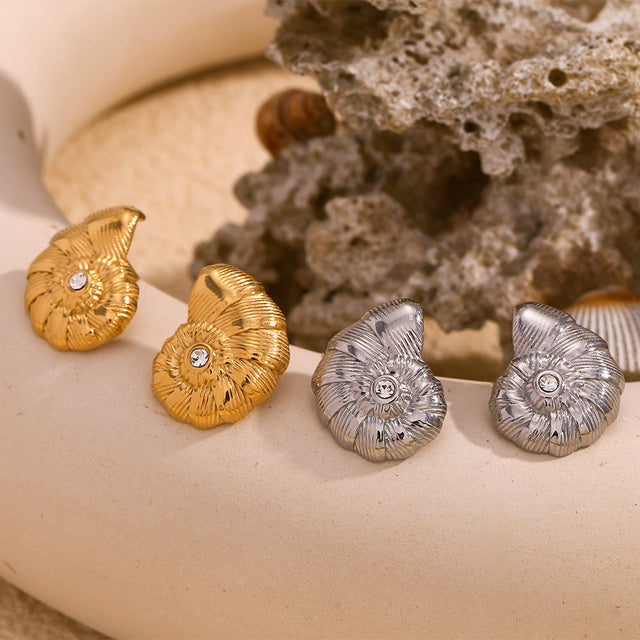 Vintage Style Conch-Shaped Geometric Stainless Steel Earrings with 18K Gold Plating and Rhinestone Accents for Women