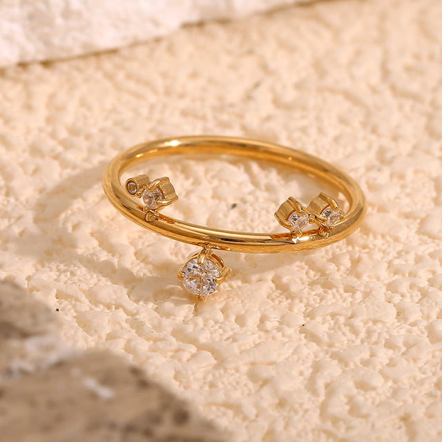 Creative Geometric Stainless Steel Ring with 18K Gold Plating and Micro-Paved White Rhinestones for Women