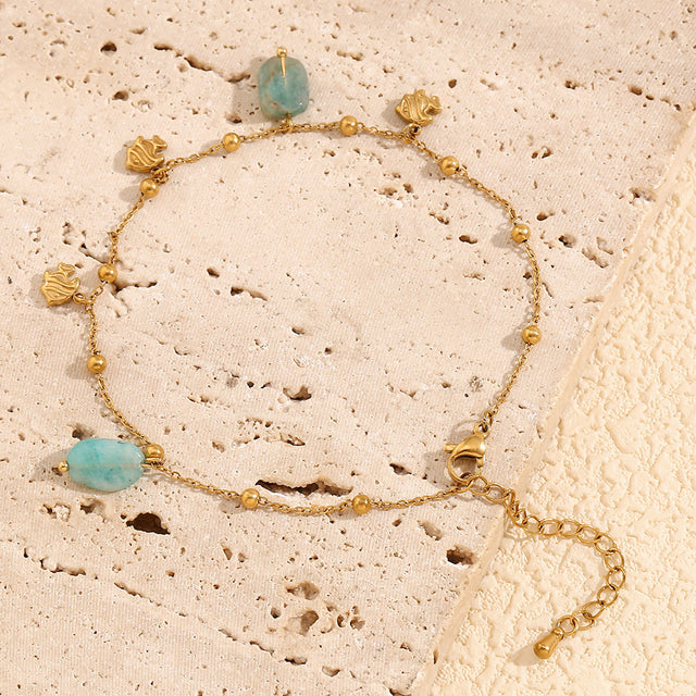 Minimalist Fish-Shaped Stainless Steel Anklet with 18K Gold Plating and Aquamarine Pendant for Women