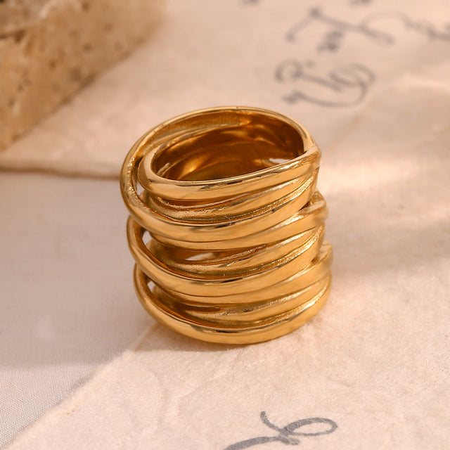 Minimalist Geometric Stainless Steel Plated 18K Gold Vintage-Inspired Multi-Layer Wrap Ring for Women