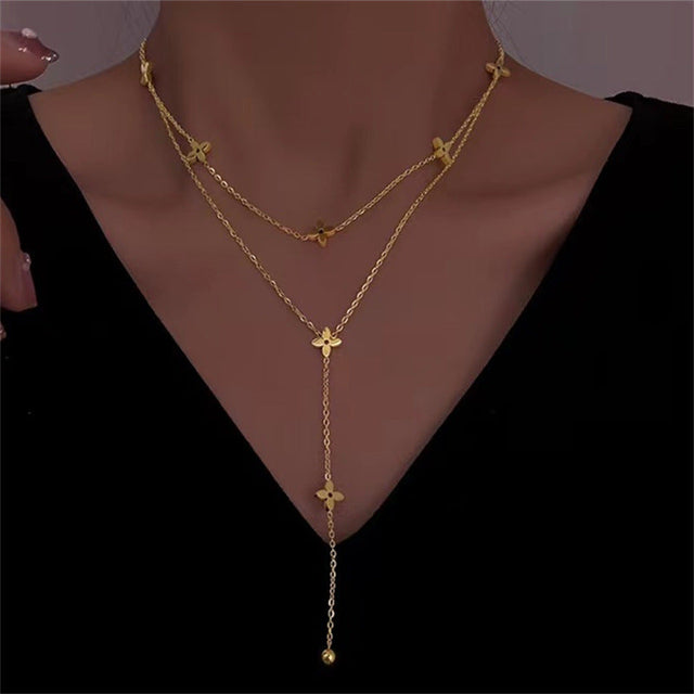 Cartoon Style Geometric Titanium Steel Plated Double Layer L-Shaped Pendant Necklace with Tassel and Cross Clavicle Design for Women