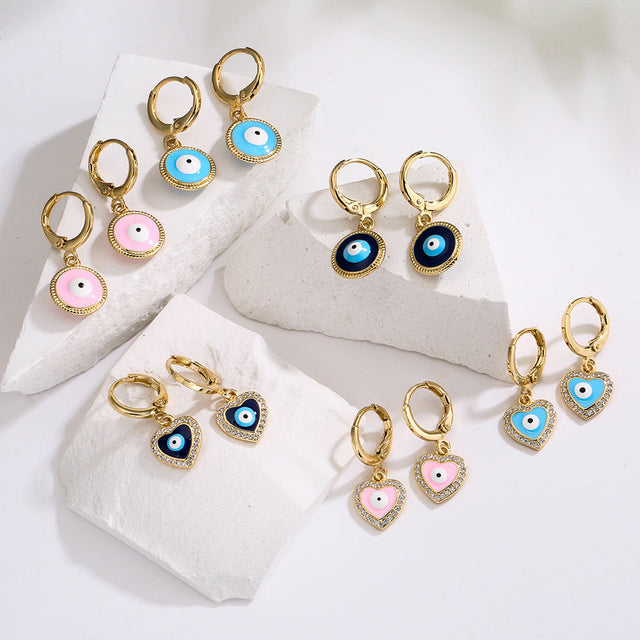 Casual Geometric Eye-Shaped Earrings for Women in Copper with Real Gold Plating and Zircon Inlay Enamel Finish