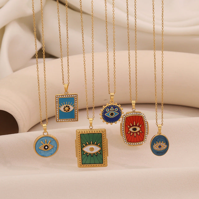 Geometric Eye Pendant Necklace for Women with Enamel Finish in Stainless Steel and Titanium Steel on O-Chain