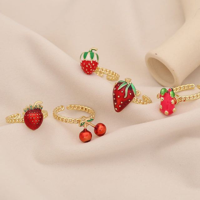 Cute Strawberry-Shaped Copper Ring with Enamel Finish for Women, Adjustable Fruit-Themed Fashion Jewelry