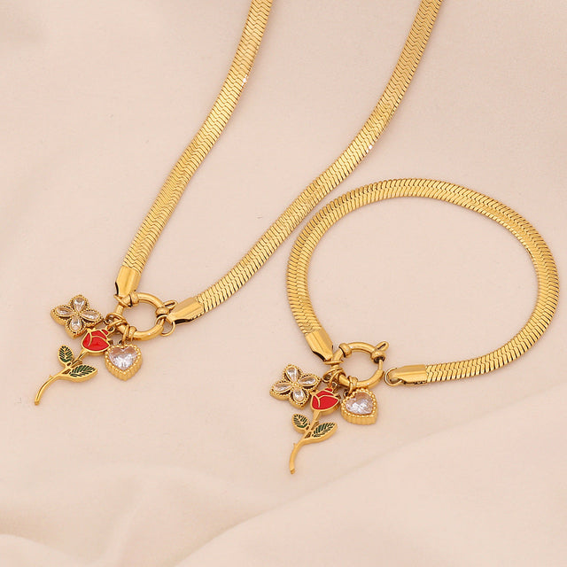 Elegant Drip Oil Heart Floral Stainless Steel Charm Bar Necklace for Women