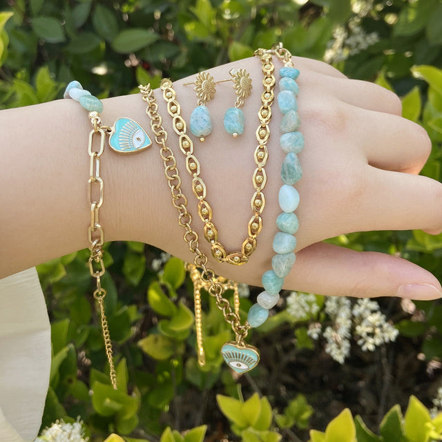 Bohemian Natural Stone Necklace with Stainless Steel Eye Pendant and Plated Multi-Layer Chain