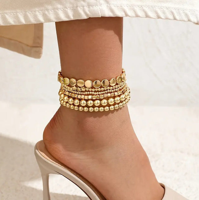 Handmade Stretch Beaded Anklet and Bracelet Set with Star and Round Disc Charms for Couples Beach Style Unisex Jewelry