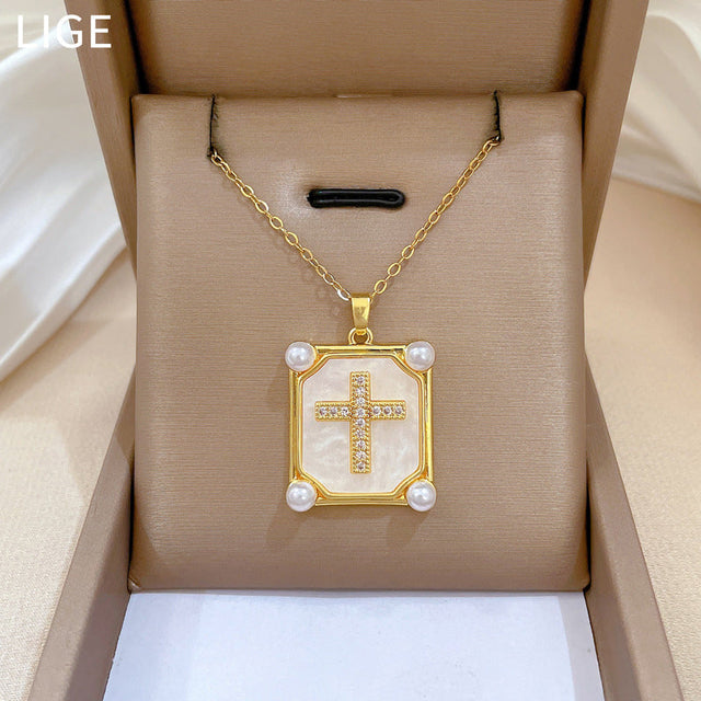 Elegant Cross Pendant Necklace for Women Stainless Steel Chain with Pearl Accents and Rhinestone Inlay