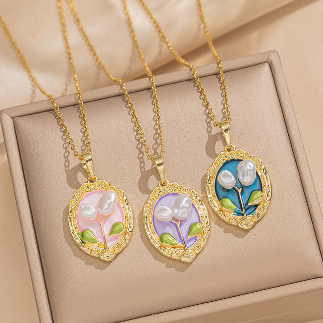 Elegant French Vintage Enamel Floral Pendant Necklace in Titanium Steel with Tulip Rose and Camellia Motifs on O-Chain