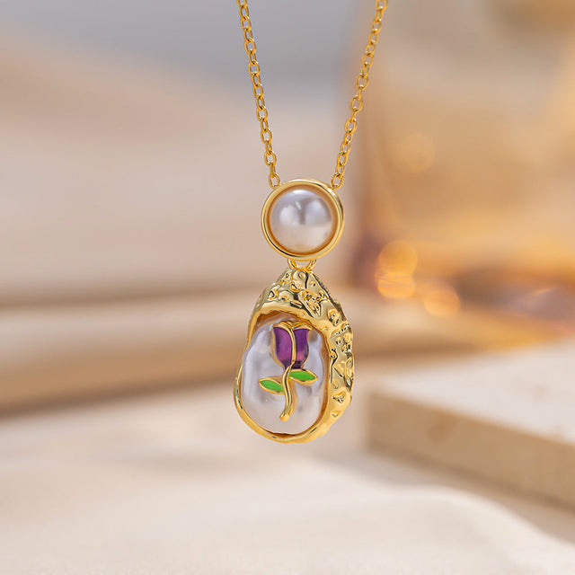 Elegant French Vintage Enamel Floral Pendant Necklace with Abalone Shell and Titanium Steel Chain in Geometric Shape