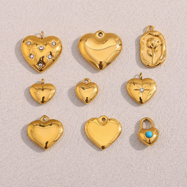 18K Gold Plated Stainless Steel Heart Pendant with Floral Rhinestone Charm Bar for Women