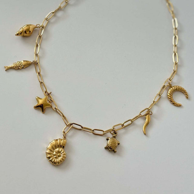 Beach-Themed Seashell and Turtle Pendant Necklace in Stainless Steel with 18K Gold Vacuum Plating for Unisex Wear