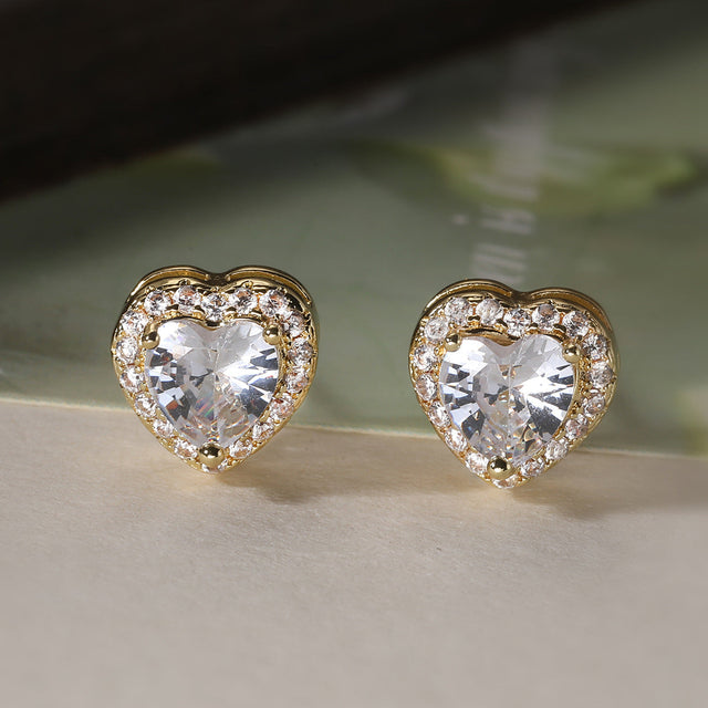 Elegant French-Style Heart-Shaped Copper Earrings with 18K Gold Plating and Micro-Pavé Zirconia for Women