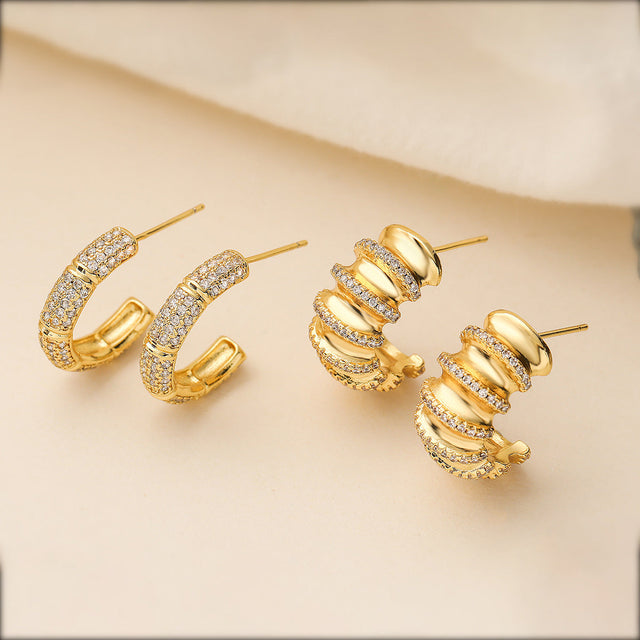 Minimalist Geometric C-Shaped Copper Earrings with 18K Gold Plating and Micro-Paved Zirconia for Women