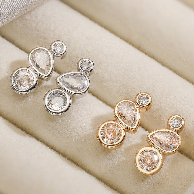 Geometric Asymmetrical Zircon Stud Earrings for Women Made of Copper with Real Gold Plating and Micro-Pavé Setting