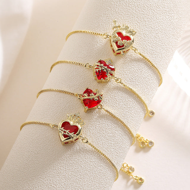 Minimalist Copper-Plated 18K Gold Heart-Shaped Zircon Adjustable Bracelet for Women