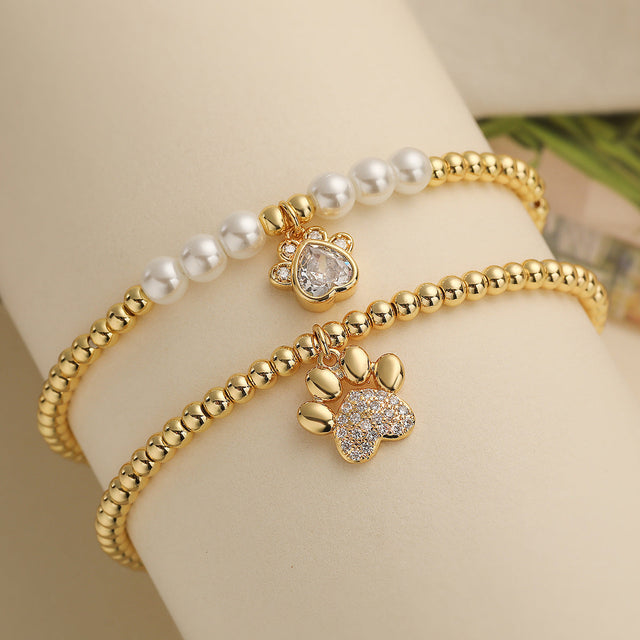 Fashionable Micro-Set Cubic Zirconia Dog Paw Pendant Copper Bracelet with 18K Gold Plating for Women